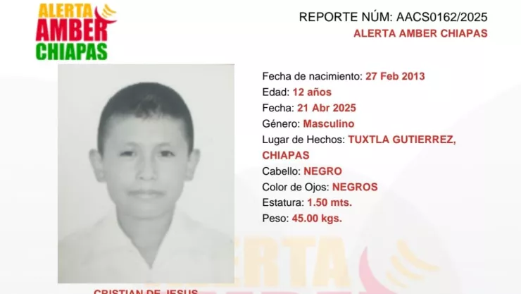 ALERTA AMBER CHIAPAS: Cristian de Jesús Cortés Hernández desapareció en Tuxtla Gutiérrez