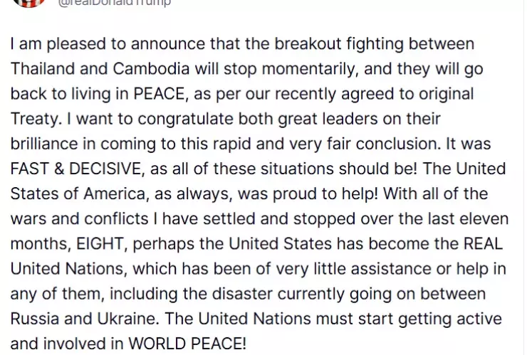 trump se pronuncia tras paz en Tailandia y Camboya