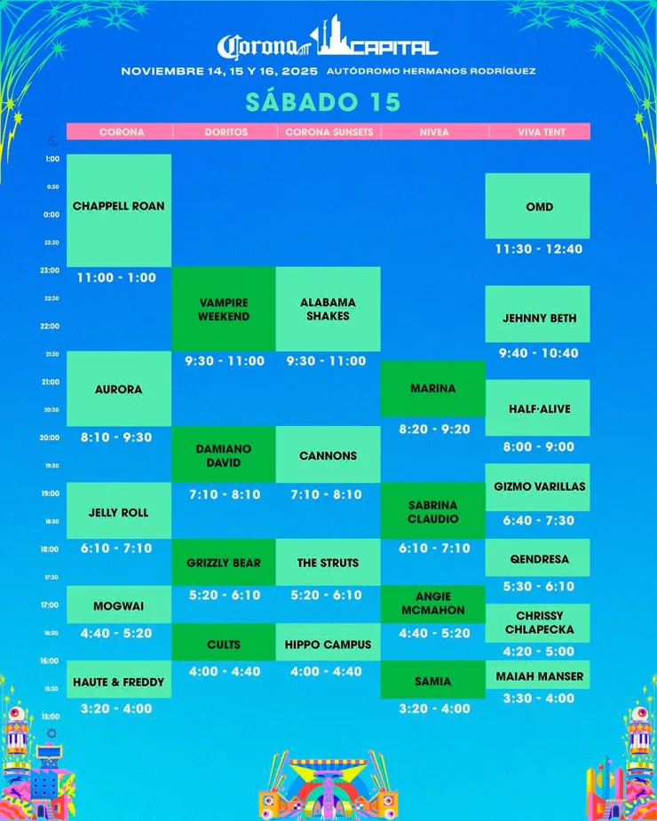 Horarios del sábado 15 de noviembre Corona Capital 2025.