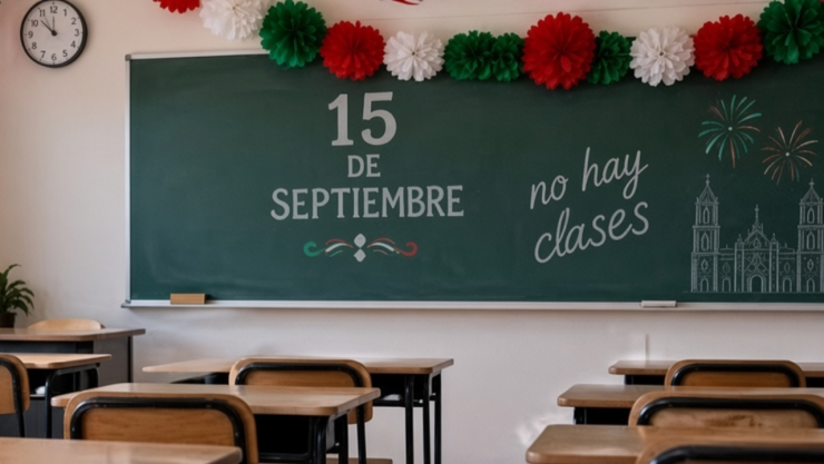 Pizarrón donde aparece escrito 15 de septiembre en un salón de clases.