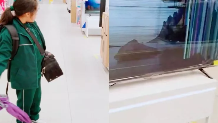 Niña rompe pantalla en un centro comercial