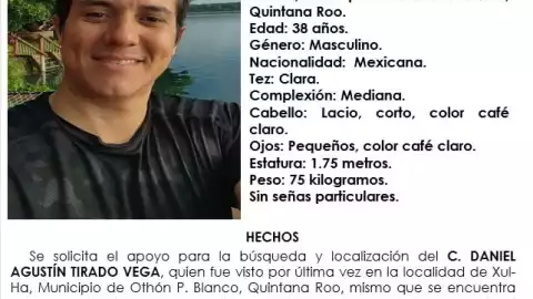 Buscan a Daniel Tirado Vega desaparecido en Xul-Ha