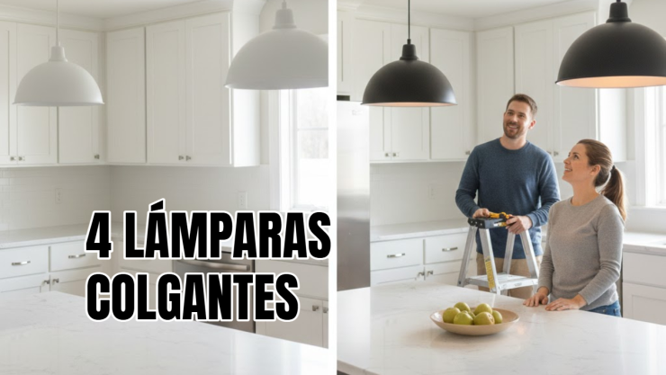 4 diseños de una cocina con lámparas colgantes que se ven modernas y hermosas