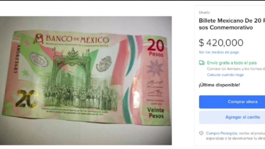 billete de veinte pesos se vende en medio millon
