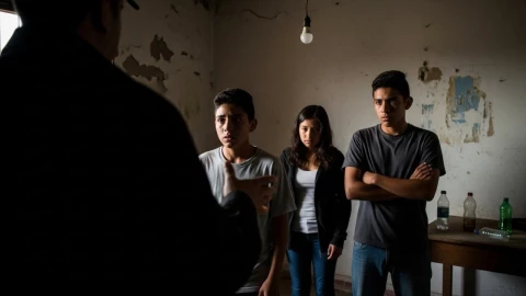 reclutamiento forzado de menores: tres adolescentes en una casa abandonada recibiendo órdenes de un criminal
