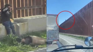 Mujeres migrantes caen desde lo alto del muro fronterizo.