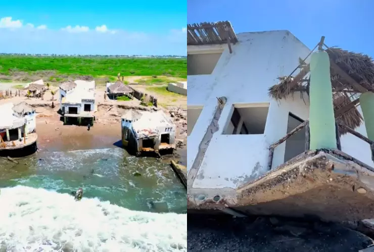 Casas arrastradas por el mar en Altata, Sinaloa