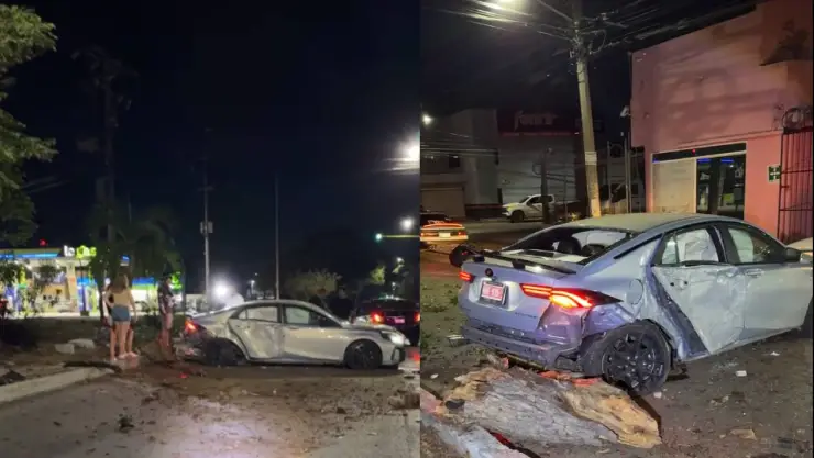 ¡Accidente madrugador! Conductor ebrio choca y se da a la fuga en Cancún; el auto queda destrozado