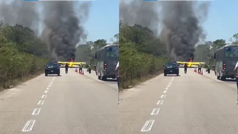 VIDEO | Avioneta aterriza de emergencia y se incendia en plena carretera de Yucatán