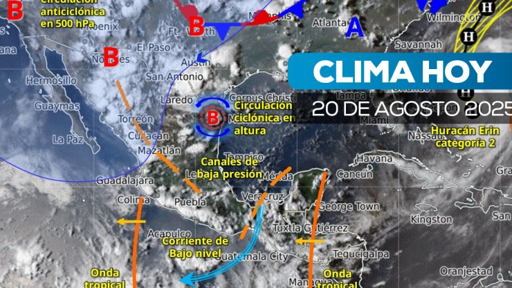 Mapa satelital del clima en México para el 20 de agosto de 2025.