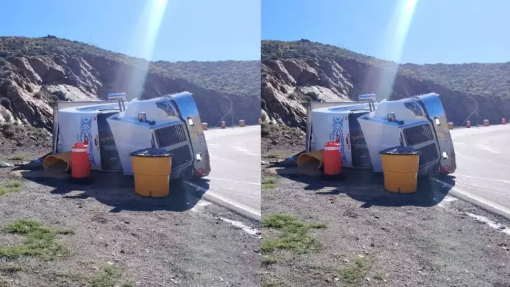 volcadura de tractocamión en Rumorsa-Mexicali