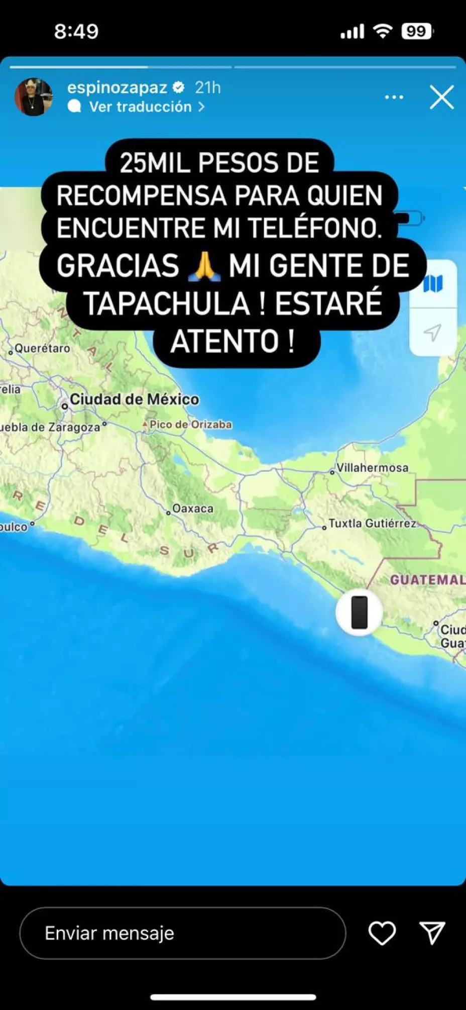 Espinoza Paz ofrece recompensa por su teléfono perdido en Tapachula, Chiapas.