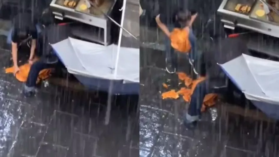 Cae trompo de pastor al suelo y los taqueros los levantan para seguir vendiendo