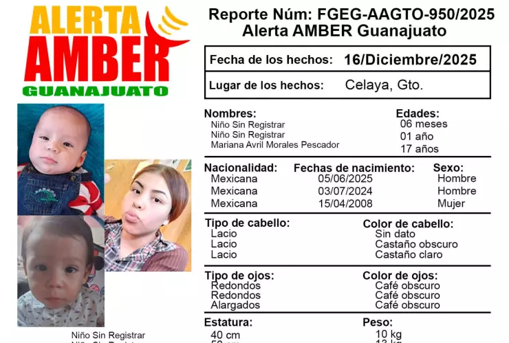 Mariana Avril Morales Pescador y dos bebés desaparecen en Celaya, Gto; Activan Alerta Amber