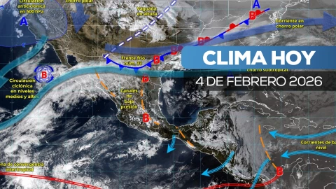 Mapa de sistemas meteorológicos en México con el frente frío 33, corrientes en chorro polar y subtropical, canales de baja presión y zonas de alta y baja presión, que provocan lluvias, vientos fuertes, descenso de temperaturas y oleaje elevado, según el Servicio Meteorológico Nacional.