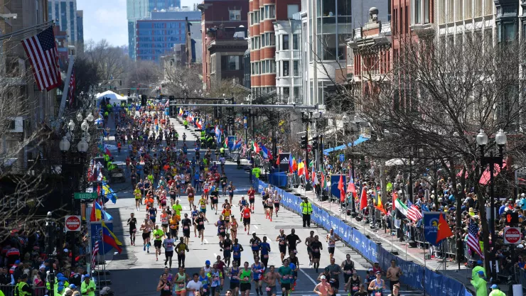 FILE PHOTO: Runners approach the finish line on Boylston Street during the 123rd Boston Marathon in Boston