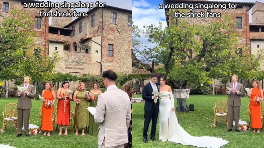 ¡Boda al estilo Shrek! Pareja fan se viraliza al poner a todos sus invitados a cantar ‘Accidentally in Love’.webp