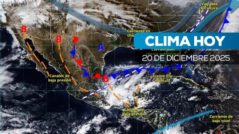 Mapa de sistemas meteorológicos en México que muestra el frente frío 22, canales de baja presión y zonas con lluvias intensas en Veracruz, Tabasco, Chiapas y Campeche.