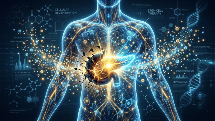 Representación simbólica del cuerpo humano con un páncreas iluminándose desde el interior, rodeado de partículas de luz que representan células madre; contraste entre enfermedad (zona oscura) y regeneración (zona brillante); estética futurista, tonos azul y dorado, fondo limpio con textura científica, estilo ilustración médica moderna, alto contraste, composición centrada, sensación de breakthrough científico