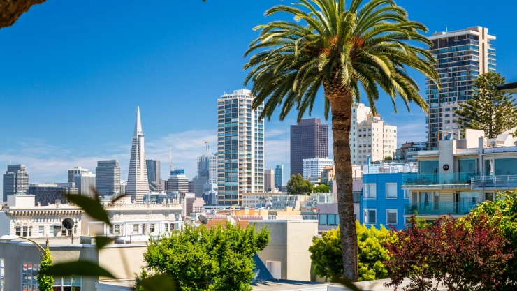 Vista panorámica de la ciudad de San Francisco en California, con sus imponentes edificios y un cielo celeste
