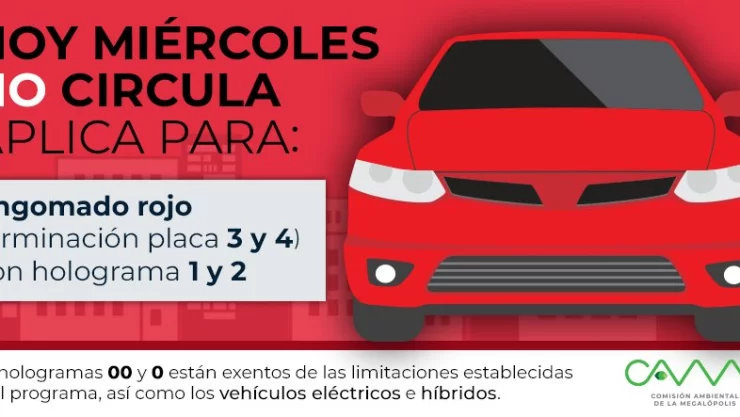 Debido al programa Hoy No Circula, Los autos con terminación de placas 3 y 4, engomado rojo y que cuenten con holograma 1 y 2, dejarán de transitar este miércoles 10 de febrero.