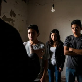 reclutamiento forzado de menores: tres adolescentes en una casa abandonada recibiendo órdenes de un criminal