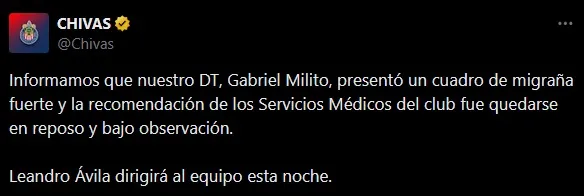 El comunicado de Chivas para explicar por qué no dirigió Gabriel Milito frente a Santos