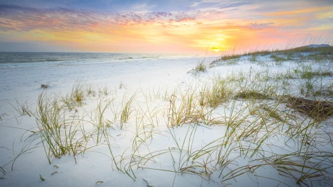 Playa cubierta de nieve durante el atardecer