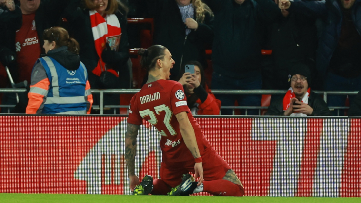 Darwin Nuñez celebra el gol del Liverpool ante Real Madrid