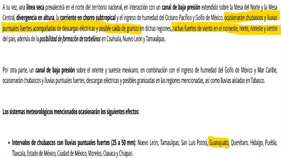Probabilidad de lluvias en Guanajuato 24 mayo 2024