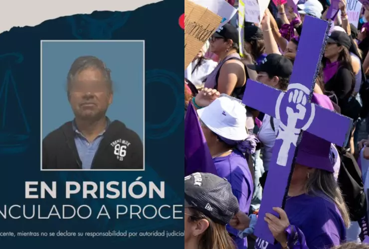 Hombre detenido por feminicidio en Querétaro y una cruz de un colectivo feminista cargada por una mujer