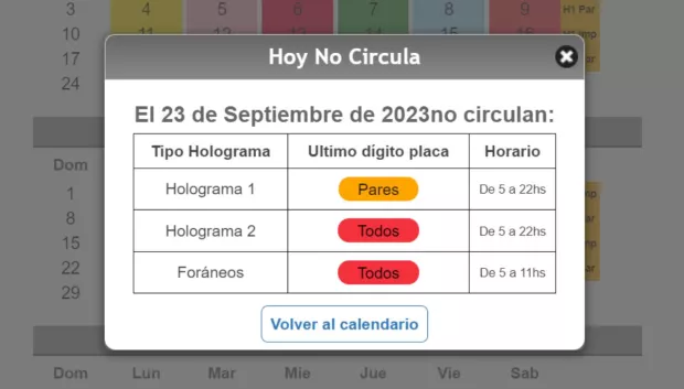 calendario del Hoy No Circula para el 23 de septiembre de 2023