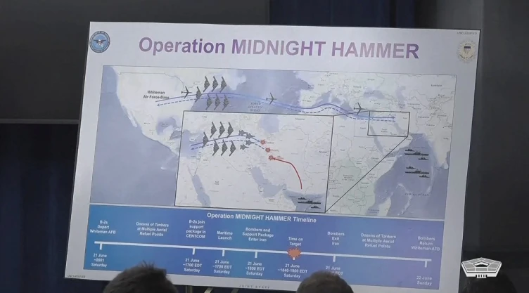 Diapositiva del Pentágono de Estados Unidos sobre la Operación Midnight Hammer.