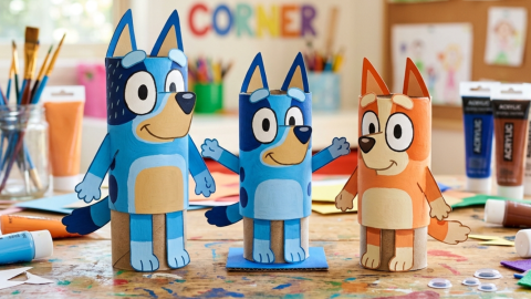 Figuras de Bluey con rollos de papel de baño