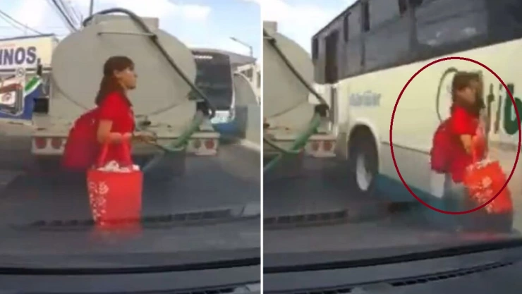 mujer casi es atropellada por camión video