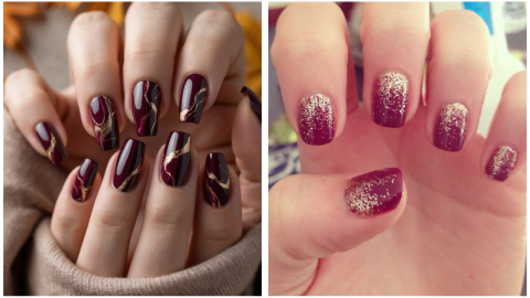 diseño de uñas cortas y largas vino con dorado