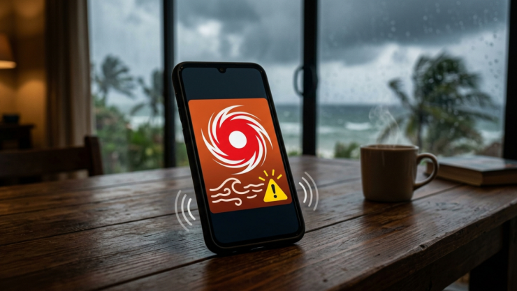 Un celular que recibe el alertamiento de huracanes en una zona de fuertes lluvias