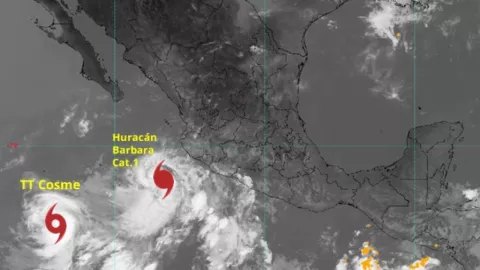 Mapa satelital del efecto Fujiwhara en el océano Pacífico.