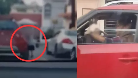 Graban a niña intentando subir a un auto en movimiento en Nuevo León