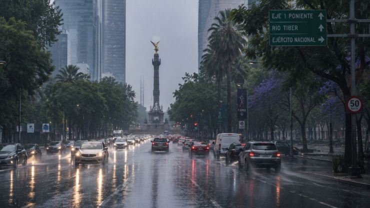 El Ángel de la Independecia atrás mientras se ve a los autos circulando en medio de la fuerte lluvia en CDMX
