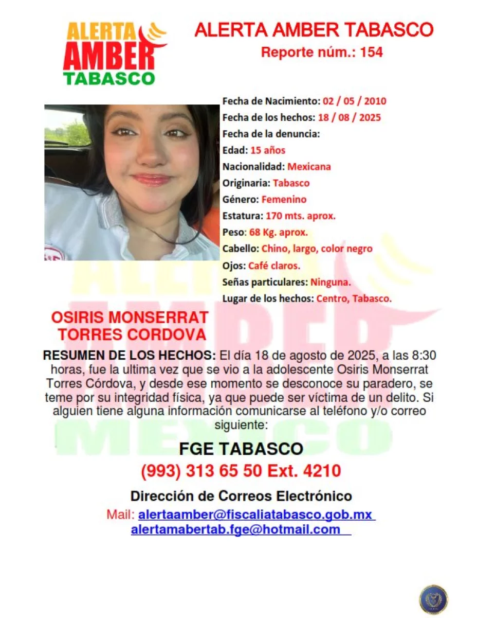 ALERTA AMBER TABASCO: Osiris Monserrat Torres Córdova desapareció en Centro