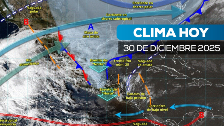 Mapa de sistemas meteorológicos del Servicio Meteorológico Nacional que muestra el frente frío número 25, masa de aire ártico, evento de Norte y zonas de lluvias intensas en gran parte de México.