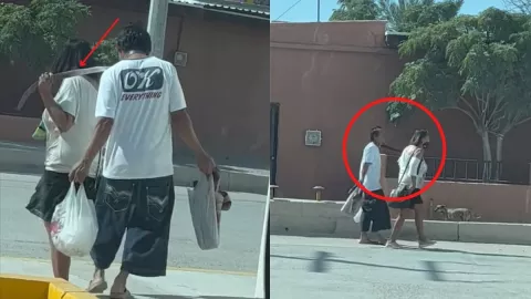 VIDEO Mujer amarra a su pareja del cuello y lo pasea por la calle