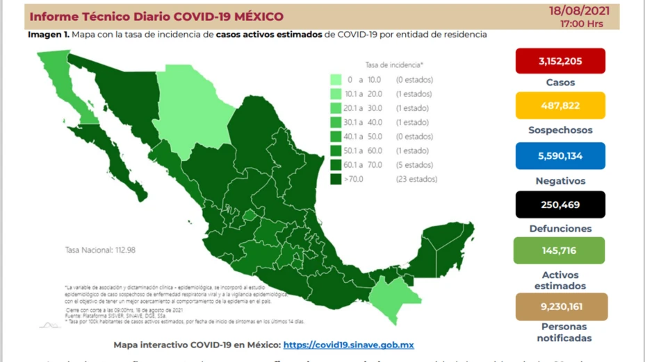 Mapa Covid-19 en México del 18 de agosto.