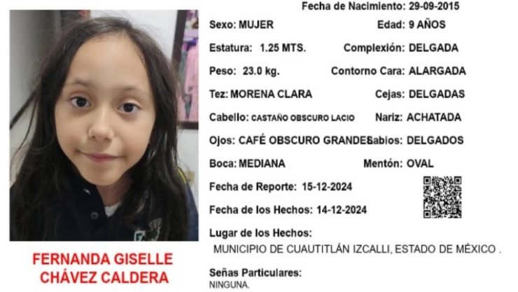 ALERTA AMBER: Fernanda Giselle Chávez Caldera desapareció en el Estado de México