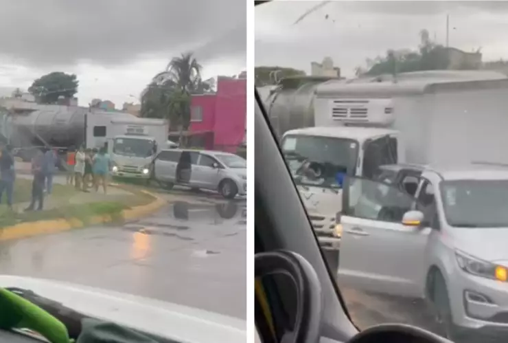 ¡Segundo accidente de tránsito en Playa del Carmen! Se registra carambola entre Pipa, camión y auto particular.jpg
