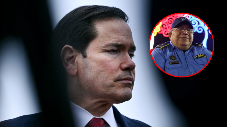 El secretario de Estado estadounidense, Marco Rubio, observa antes de su partida tras una reunión de ministros de Asuntos Exteriores del G7 con los países socios en el aeropuerto de Bourget, en las afueras de París, Francia, el 27 de marzo de 2026. Y arriba en un círculo de contorno rojo, el viceministro del interior de Nicaragua, Luis Cañas Novoa.