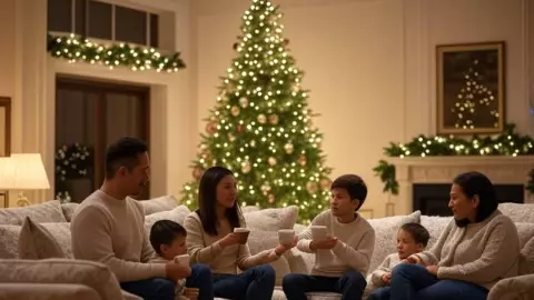 Una familia de 6 integrantes disfrutando café en la sala de su casa con un árbol de navidad de fondo