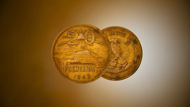Moneda de 20 centavos del año 1943 del Banco de México