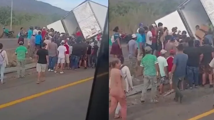 VIDEO: Captan intensa rapiña tras volcadura de camión en plena carretera; se robaron camarones